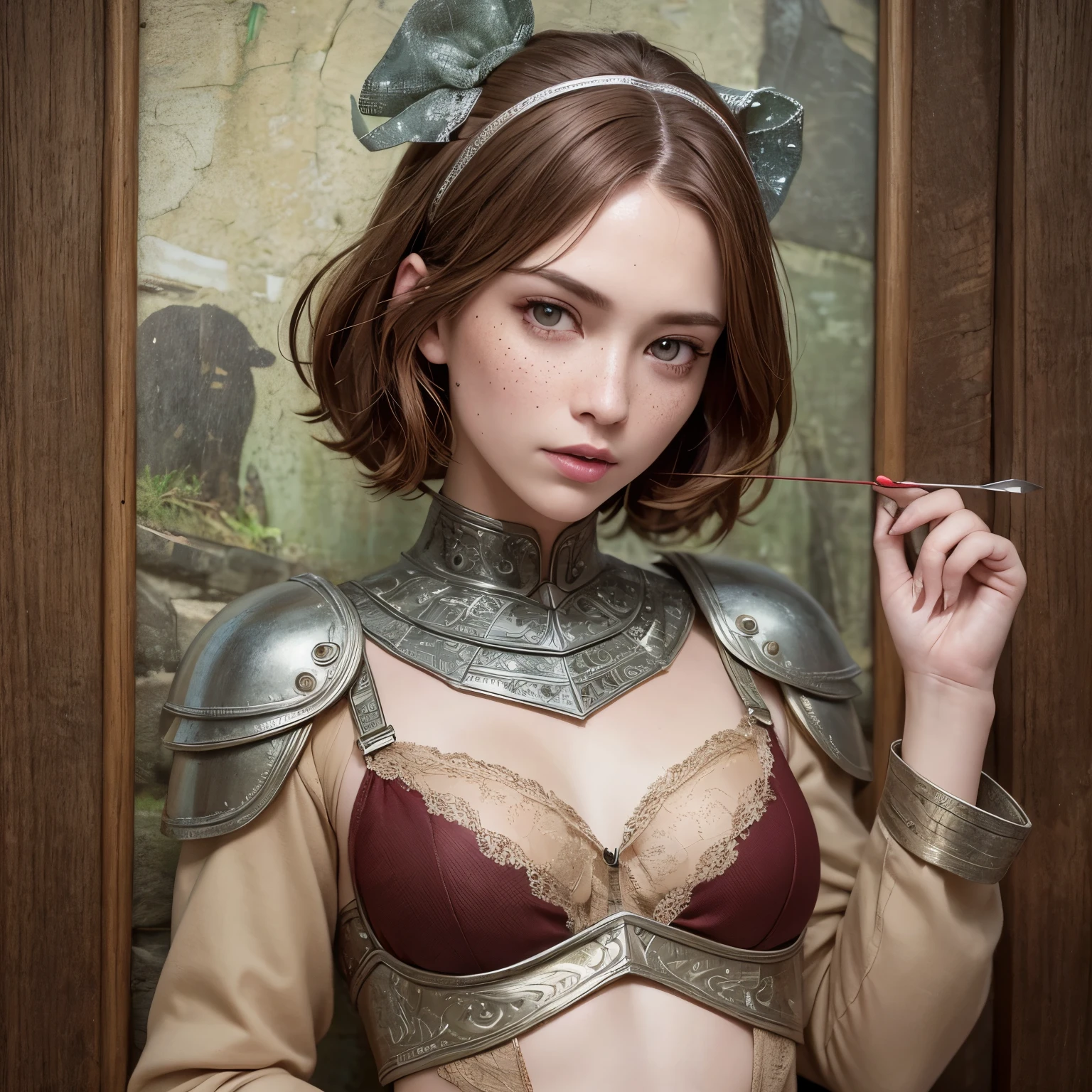 best quality, masterpiece, ultra high res, portrait, (photorealistic: 1.4), raw photo, 1girl, short red hair, realistic hair, panties, detailed facial textures, girl, medieval, light armor, wood detail (archer), short red hair, (cabelo ultra realista), (ultra realistic eyes), (beautiful face) super detailed, beautiful eyes, pretty mouth, medium breasts, (only face), green details, (thin), (long branch), few freckles, chainmail, (small bow and arrow), ((naughty face))