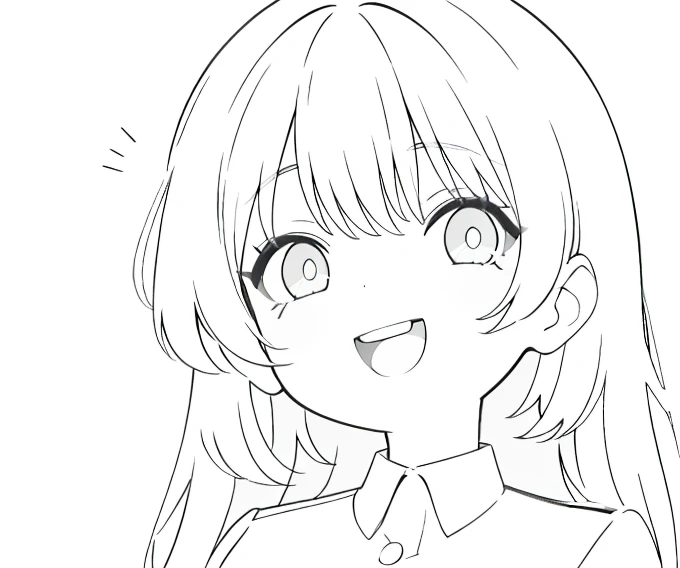 Chibi,cute,girl,(Laughing with your mouth open:1.3),(Face close-up:1.2),(Protruding breasts:1.3),(Big Breasts),(With bangs),uniform,Black and White、Line art、Point your finger towards me