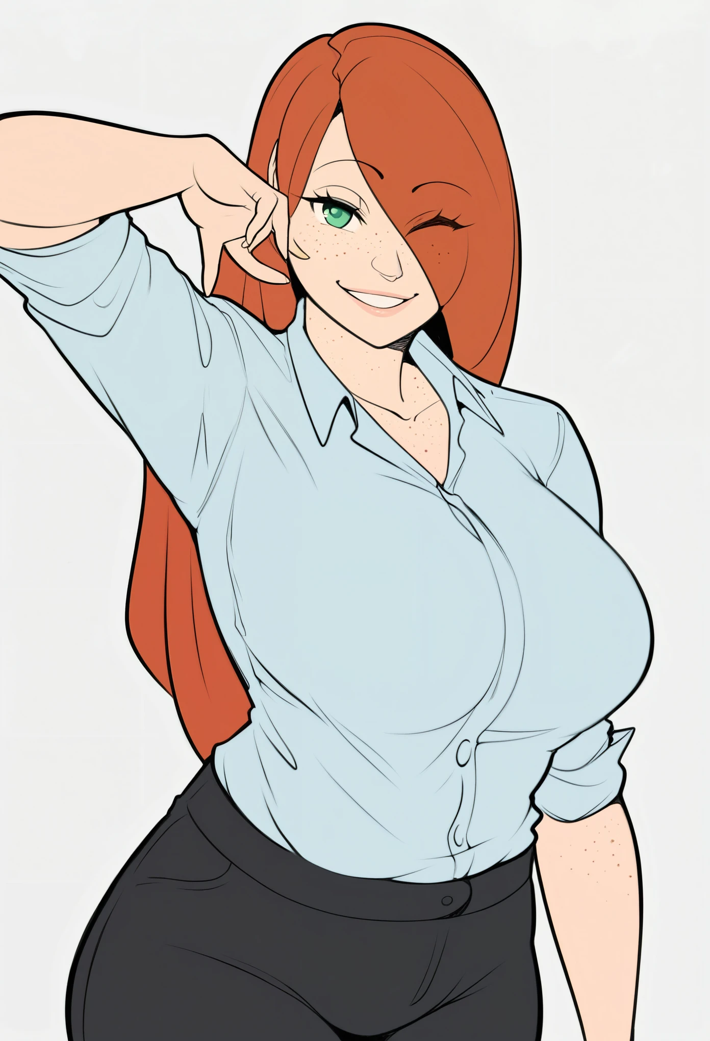 score_9,score_8_up,score_7_up, banjabuStyle, 1girl, body freckles, large breasts, long hair, smile,  dynamic pose, green eyes, white background, one eye closed, hair over one eye, smile, simple background, looking at viewer, red hair, office outfit, white shirt, black pants, eyes visible through hair, cowboy shot
