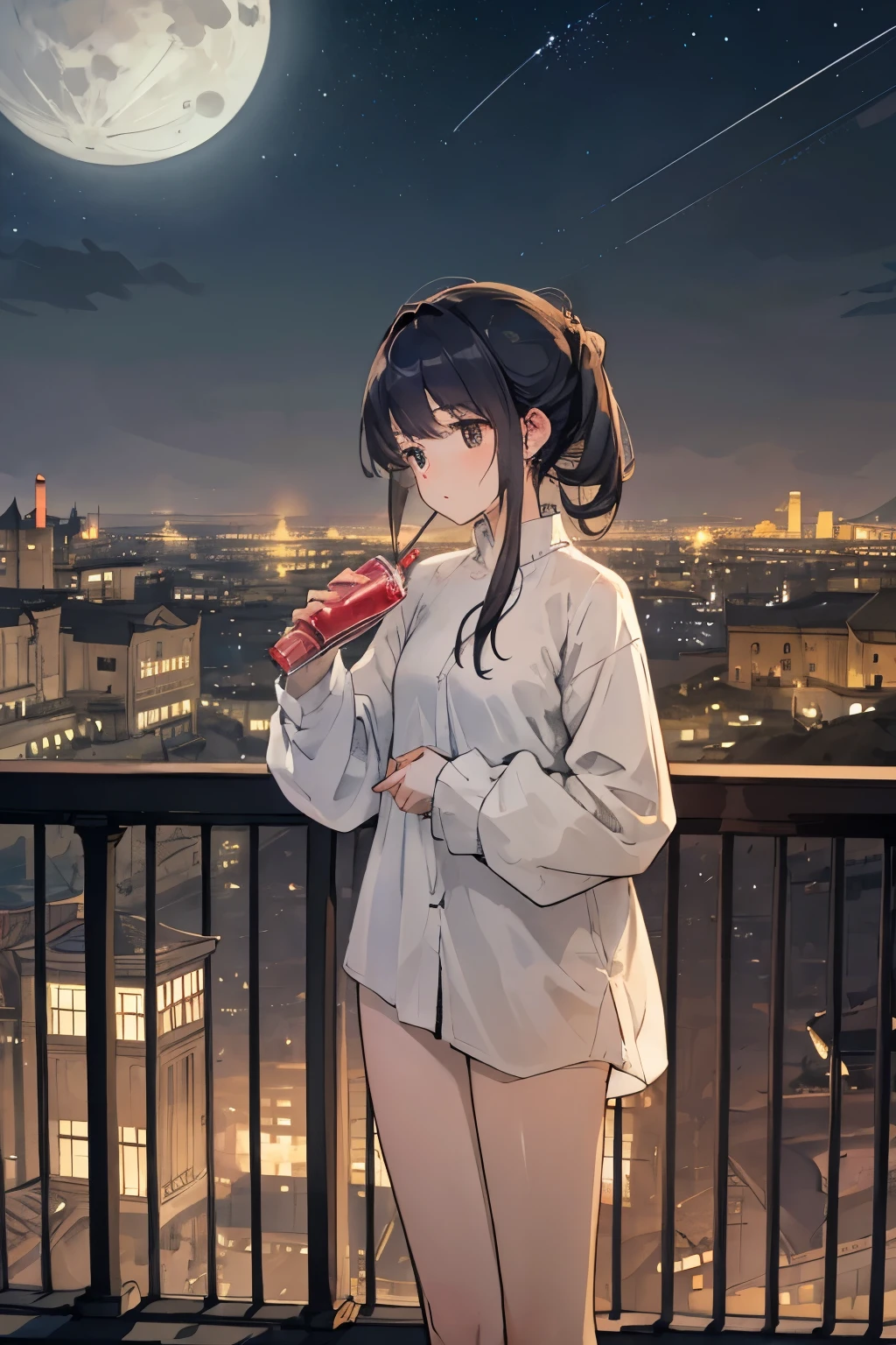 Top quality, masterpiece, 8k, (1 girl:1.3), beautiful girl, standing on balcony with drink bottle, blurred face, (not looking at camera), relaxed,
Rough clothes, (white long sleeve shirt:1.3), relaxed atmosphere, looking at the sky, starry sky, moon, night view, cityscape, lights of building windows,