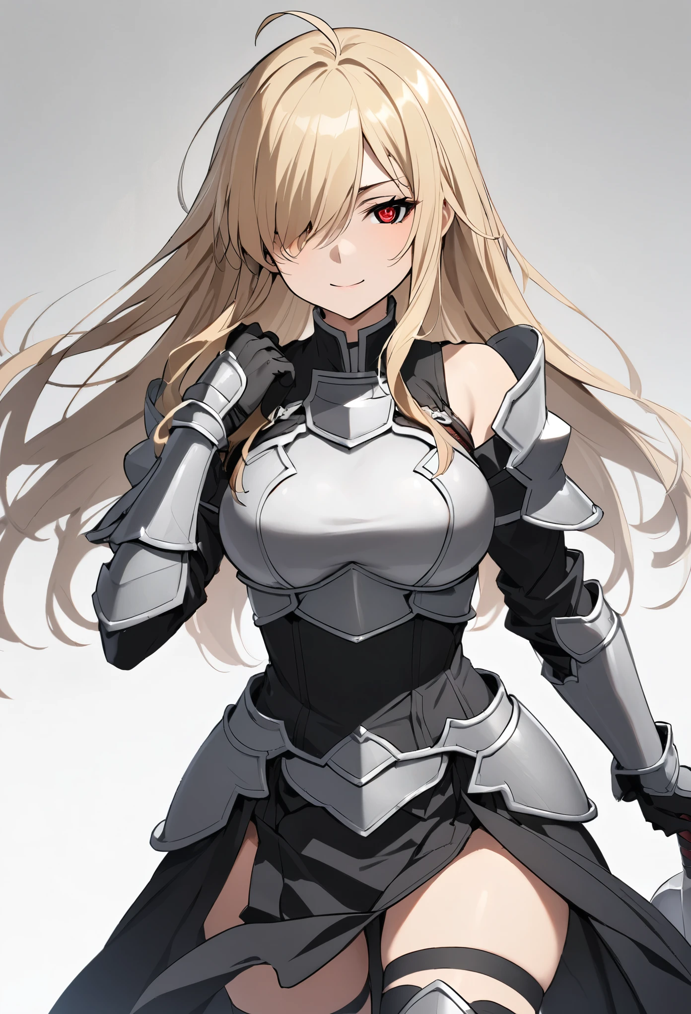 (high-quality, breathtaking),(expressive eyes, perfect face) 1girl, female, solo, mature, half open eyes, Alicization, Symmetrical Eyes, simple background, gentle smile, long hair, fantasy outfit, SAO inspired, maomao, armor, chest plate, sword art online outfit, cowboy shot, medium full shot, light blonde hair, bangs, alluring red eyes, large breasts, knight attire, Bicep-high Gauntlets, Armored Boots, Thigh-high Heeled Boots, Armored Gauntlets, Adventurer gear, battle Skirt, black white and gray palette, black clothes, dark gray accents on clothes, hair between eyes, fluffy hair, half open eyes, hair over one eye, small Ahoge, pale blonde hair color, bright red eye color, straight hair, (NO braids in hair)