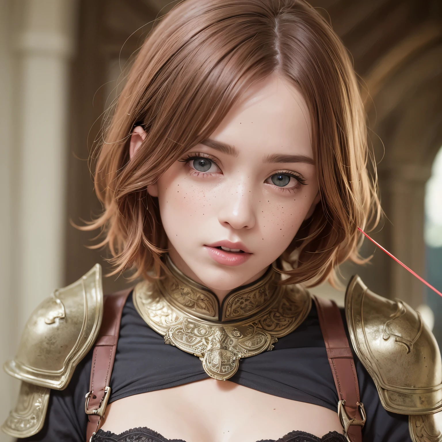 best quality, masterpiece, ultra high res, portrait, (photorealistic: 1.4), raw photo, 1girl, short red hair, realistic hair, panties, detailed facial textures, girl, medieval, light armor, wood detail (archer), short red hair, (cabelo ultra realista), (ultra realistic eyes), (beautiful face) super detailed, beautiful eyes, pretty mouth, medium breasts, (only face), green details, (thin), (long branch), few freckles, chainmail, (small bow and arrow), ((naughty face))