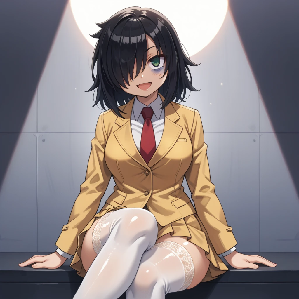 score_9, score_8_up, score_7_up,, solo, source_anime, tomokoxl, bags under eyes, hair over one eye black hair, medium hair, school uniform, red necktie, yellow skirt, short skirt, pleated skirt, yellow jacket, standing, cowboy shot, sitting, crossed legs, thick thighs, shiny skin, no shoes, focus in crossed legs, underwear, white underwear, shiny underwear, lace underwear, white lace underwear, shiny lace underwear, panties, white panties, shiny panties, only crossed legs pose, sexy crossed legs, perfect crossed legs, sexy legs, big thighs, oiled thighs, oiled legs, smile, open mouth, glowing green eyes, evening time, dark room, breast, big breast, thigh highs, white thigh highs, lace thigh highs,