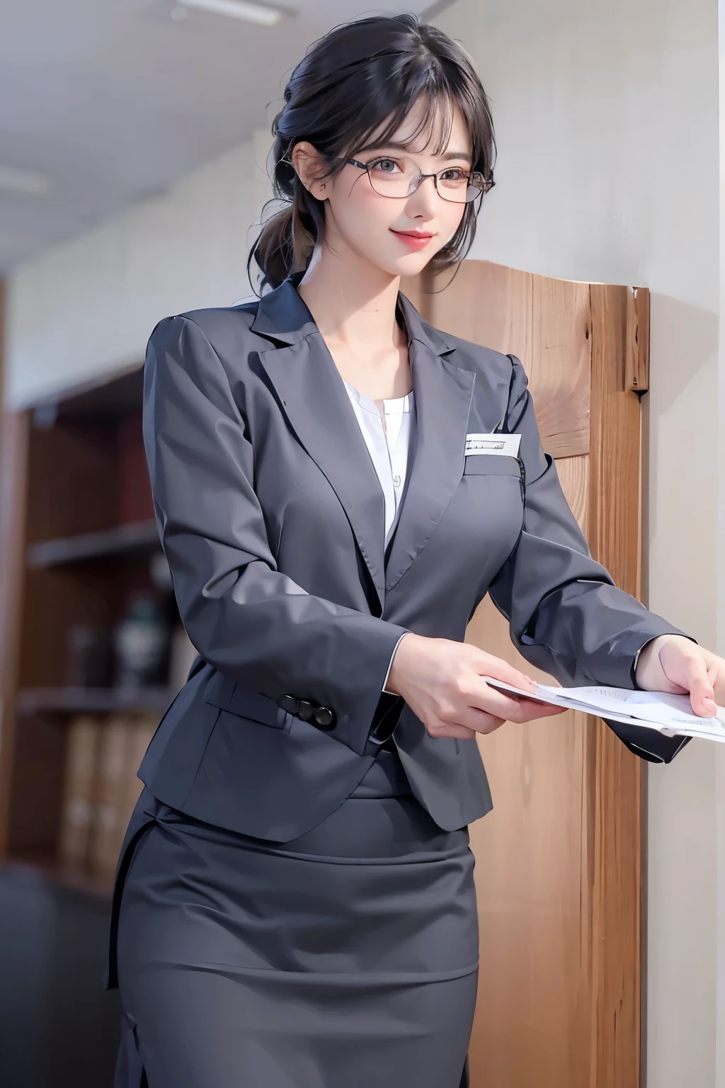masutepiece, one beautiful women, 12year old,(japanes), (Fantasy Library Background), (White Business Shirt),(((Simple grey waistcoat with no frills)))(((Gray suit skirt))), (), Glasses, (medium breasts), , , Shorthair, , (Skin Texture:1.1), Best Quality, 超A high resolution, (Photorealistic: 1.4), Raw photo, , nikon d850 film stock photograph, F1.6 lens, Rich colors, Realistic, cinestill 800, Backlight, Rim lighting, Studio Lighting, Erotic Photography, Bend over the desk, from the rear,A dark-haired,