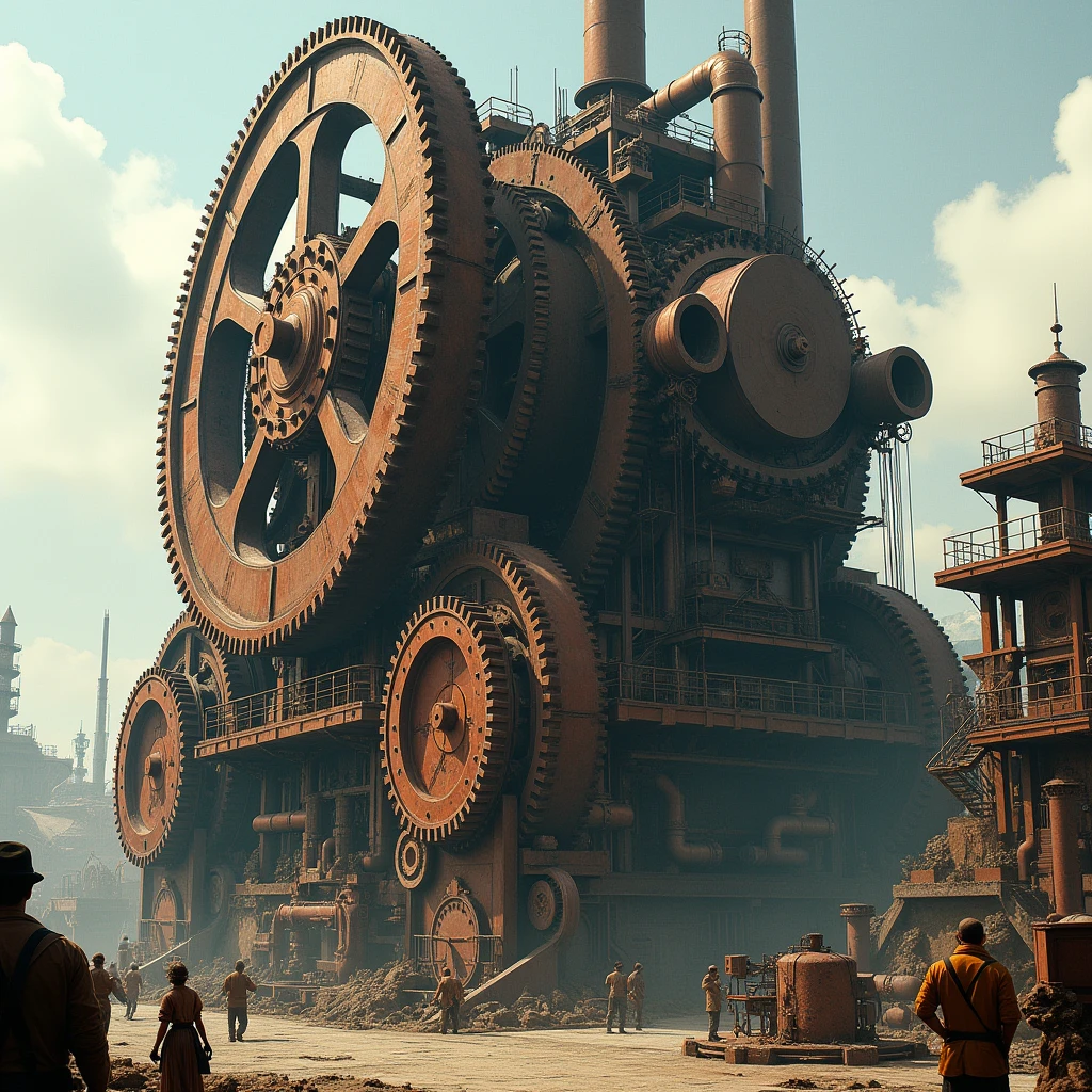 Steampunk, A huge machine the size of a house, Powered by a steam engine, It has many gears of different sizes., Around the machines, people in work clothes are busy working々I can see,