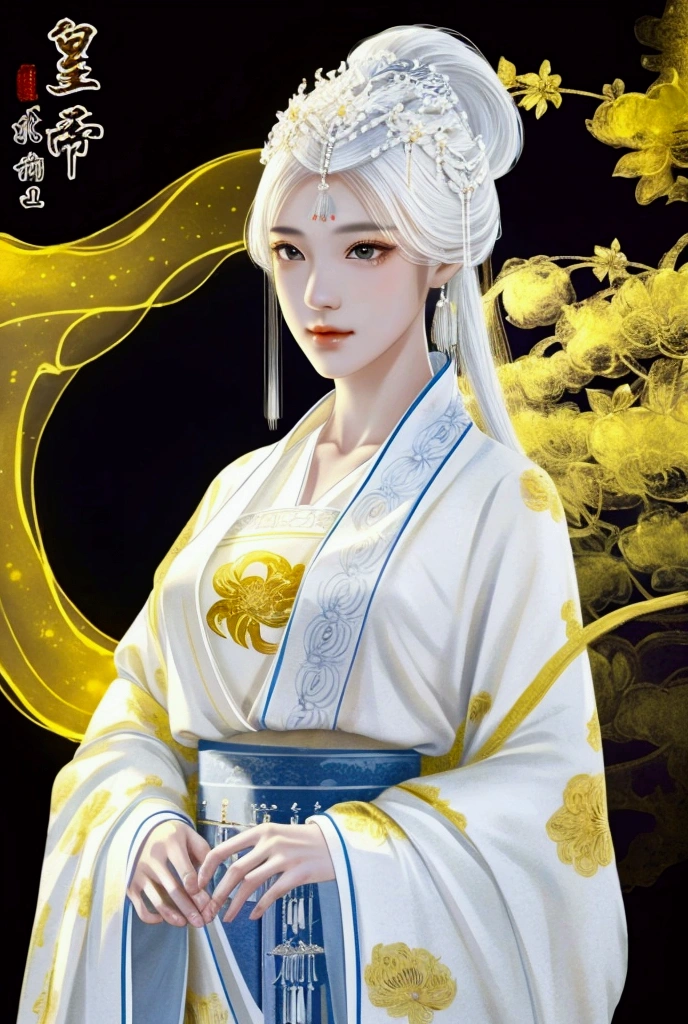 （masterpiece:1.3),(best quality:1.4),(actual:1a.4）,yellow palace,Royal Garden,winter,Chinese Nine-tailed Fox Woman,white bangs, long hair shawl,forehead pattern,jewelry outfit,Wearing white embroidered Hanfu,End skirt,Very detailed, Ultra HD, 