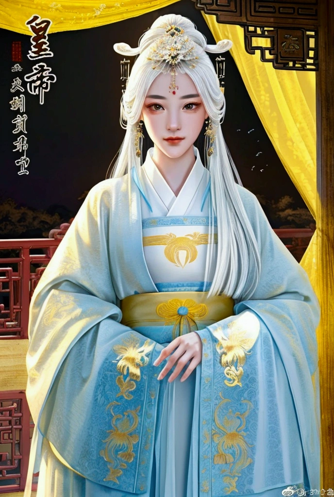 （masterpiece:1.3),(best quality:1.4),(actual:1a.4）,yellow palace,Royal Garden,winter,Chinese Nine-tailed Fox Woman,white bangs, long hair shawl,forehead pattern,jewelry outfit,Wearing white embroidered Hanfu,End skirt,Very detailed, Ultra HD, 