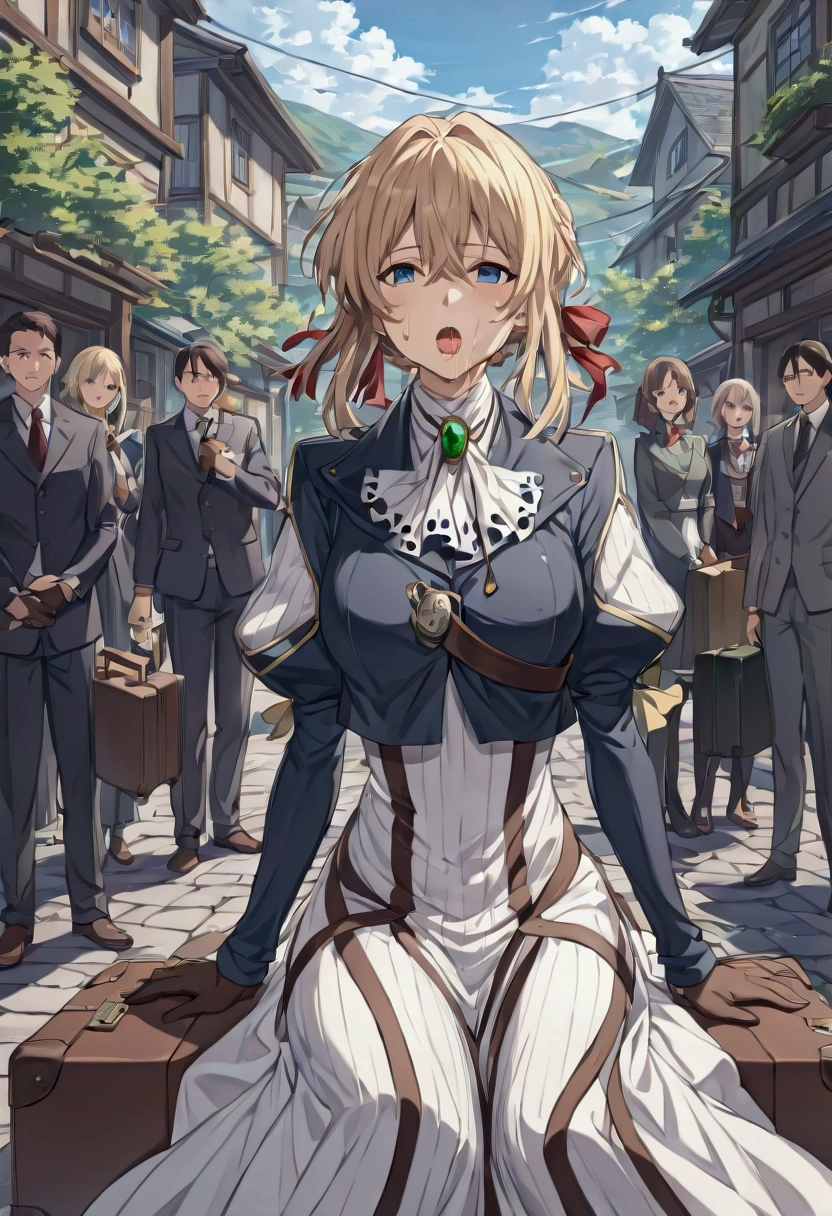 best quality, ultra-detailed, high resolution, extremely detailed cg, unity 8k wallpaper, masterpiece, 
best quality, ultra-detailed, high resolution, extremely detailed cg, unity 8k wallpaper, masterpiece,masterpiece, highest quality, High resolution, violet evergarden, Braid, hair ribbon, red ribbon, jewelry, white ascot, brooch, blue jacket, long sleeve, brown gloves, white dress, long dress, nipple cutout ,1 suitcase,
Scat Girl, Poop excretion, Poop in the hair, poop on the face , Japan beautiful girl in a skimpy costume, in a street , Seen by many people , Body covered with poop, 
defecate on the body, a lot of poop on the body, stuffed with poop, 
unclean, naughty expression, High quality, big areola, 
crouching down, exposure, Dark armpit hair, 
Sensually, The sheen, 
embarrassed,shed tears , drooling , saliva , saliva on tongue