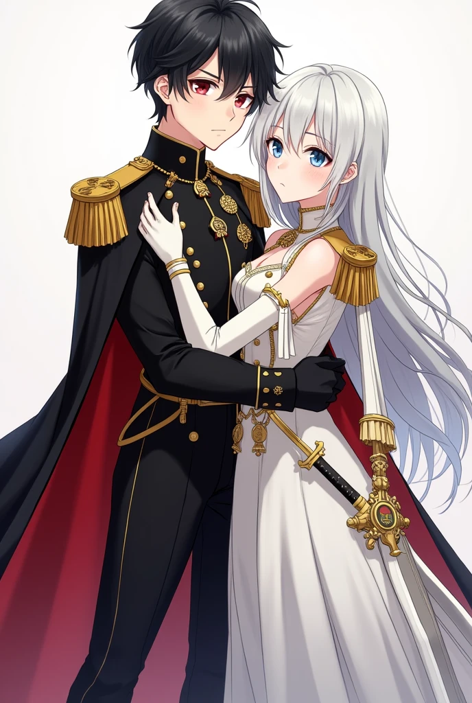 1man, sharp blue eyes with sharp pupils, white sharp hair and he was wearing the demon king robes and hug his red eyes wife((41 year old face))