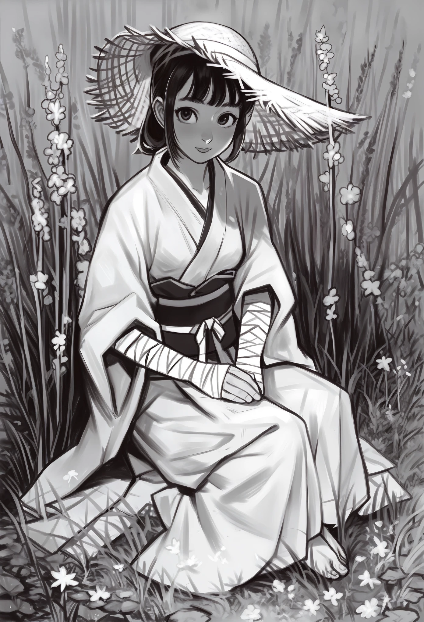 score_9, score_8_up, score_7_up, BREAK by mossacannibalis, Masterpiece, 1girl, torso shot, monochome, greyscale, Samurai aesthetic, 1girl, sitting on grass, farmland background, Straw hat, bandaged forearms, bandaged chest, traditional Japanese Kimono, cute, peaceful, lovely, amazing
