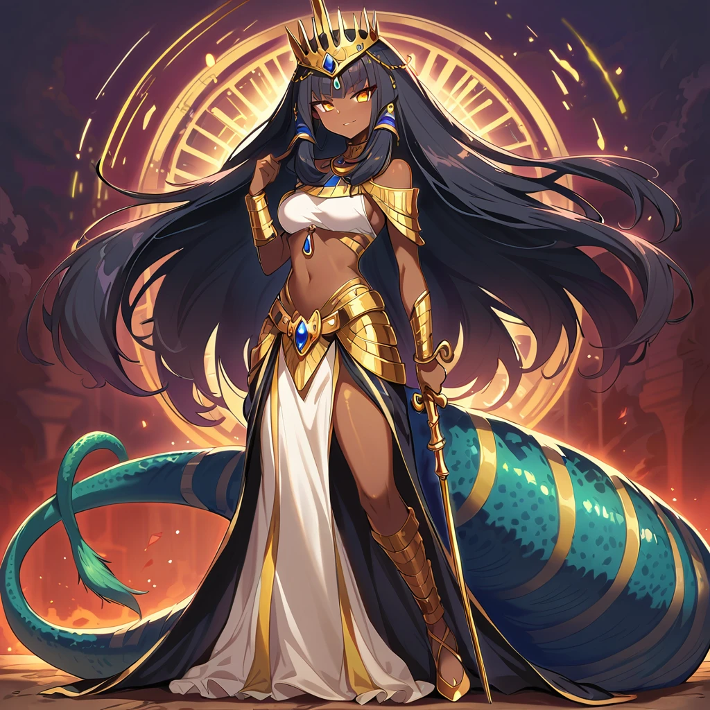 Anime, high detailed, 1 cute pettite girl, small, extremely large long hair, black hair, Egyptian queen, egyptian queen's clothes, egyptian queen's crown, yellow eyes, brown skin, large dress, large tail ((( reptilian tail))), scepter, reptilian wings, evil grin