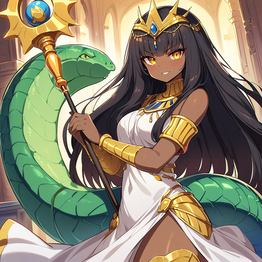 Anime, high detailed, 1 cute pettite girl, small, extremely large long hair, black hair, Egyptian queen, egyptian queen's clothes, egyptian queen's crown, yellow eyes, brown skin, large dress, large tail ((( reptilian tail))), scepter, reptilian wings, evil grin