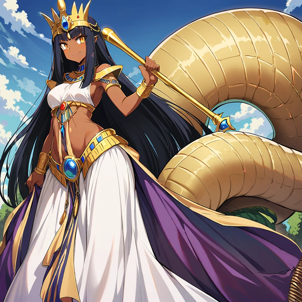 Anime, high detailed, 1 cute pettite girl, small, extremely large long hair, black hair, Egyptian queen, egyptian queen's clothes, egyptian queen's crown, yellow eyes, brown skin, large dress, large tail ((( reptilian tail))), scepter, reptilian wings, evil grin