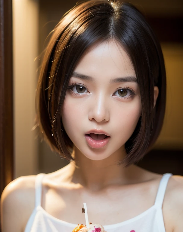 cute 21 year old japanese、night、on the bed、sweaty pajamas、cute colorful pajamas、super detailed face、Attention to detail、double eyelid、beautiful thin nose、sharp focus:1.2、beauty:1.4、(明るい茶色のhair、shortcut) hair、white skin、highest quality、masterpiece、ultra high resolution、(Photoreal:1.4)、