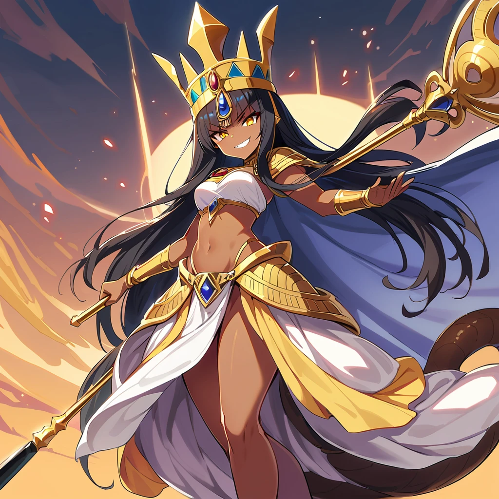 Anime, high detailed, 1 cute pettite girl, small, extremely large long hair, black hair, Egyptian queen, egyptian queen's clothes, royal cape (((fur cape))), egyptian queen's crown, yellow eyes, brown skin, large dress, large tail ((( reptilian tail))), scepter, reptilian wings, large wings, evil grin, wicked smile