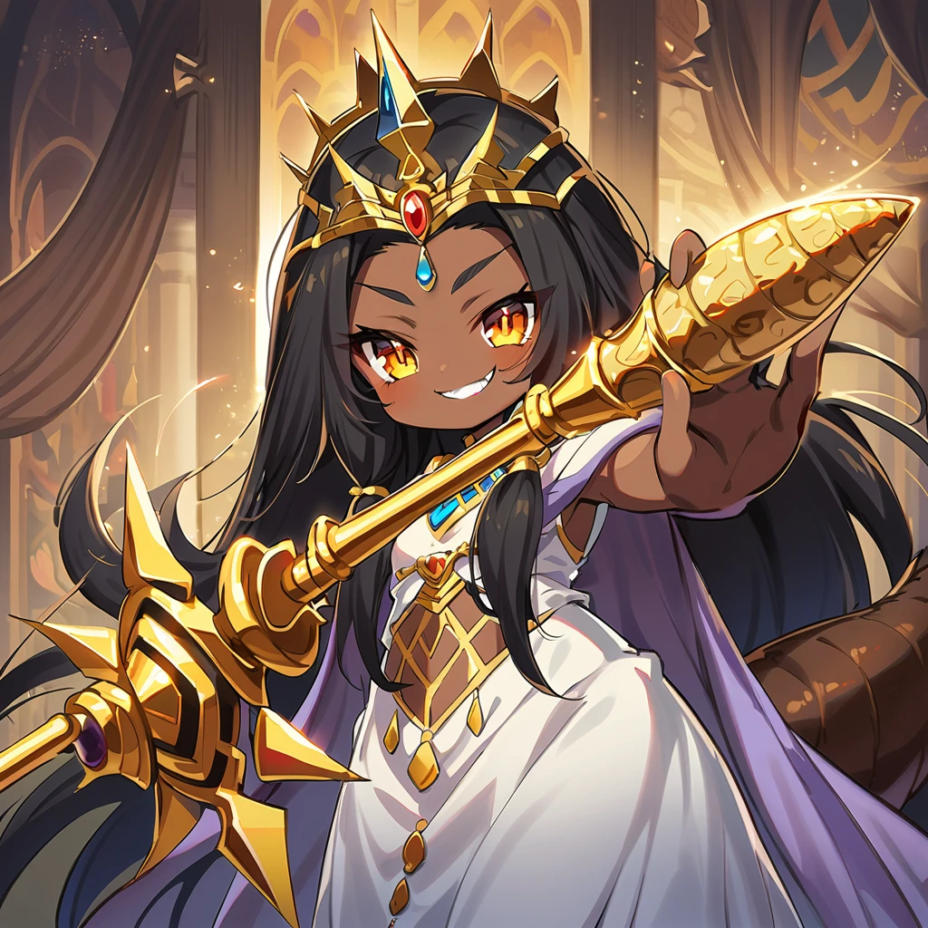 Anime, high detailed, 1 cute pettite girl, small, extremely large long hair, black hair, Egyptian queen, egyptian queen's clothes, royal cape (((fur cape))), egyptian queen's crown, yellow eyes, brown skin, large dress, large tail ((( reptilian tail))), scepter, reptilian wings, large wings, evil grin, wicked smile