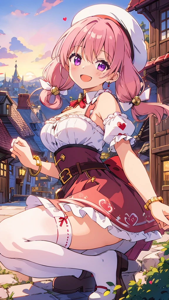 ((8k, Highest quality, masterpiece: 1.3)),Ultra-high resolution,(1 girl, alone), Highly detailed dark purple eyes, Highly detailed face, sunset, from side, 
The scene depicts a cheerful anime-style girl squatting down in a lively, fantasy town square. She has light pink hair styled into twintails, which curl slightly at the ends, giving her a playful and energetic look. She wears a red beret with fluffy white pompoms, matching the festive and cute elements of her outfit. Her attire is predominantly pink, with accents of white and black, decorated with heart motifs and gold armor elements, such as her shoulder guard and belt buckle. A heart-shaped cutout on her top adds a charming detail, emphasizing her vibrant personality.
The girl is winking playfully, conveying a sense of joy and friendliness. Her mouth is closed. In the background, whimsical medieval-inspired buildings with curved rooftops and timber framing line the streets, while a majestic blue-topped castle rises above the townscape, suggesting a fantasy kingdom setting. The sunset sky and the abundance of greenery around the town add to the warm and welcoming atmosphere. The overall composition gives a sense of lighthearted adventure, with the character appearing as both approachable and ready for exciting experiences in a magical world.