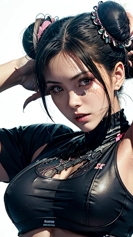 Skin Tight Black Top, Looking at Viewer, Cinematic lighting, Perfect, softlight, High resolution skin, Realistic skin texture, Realistic face, off shoulders, Exposed cleavage, Blue eyes, Short hair,dark brown  hair、