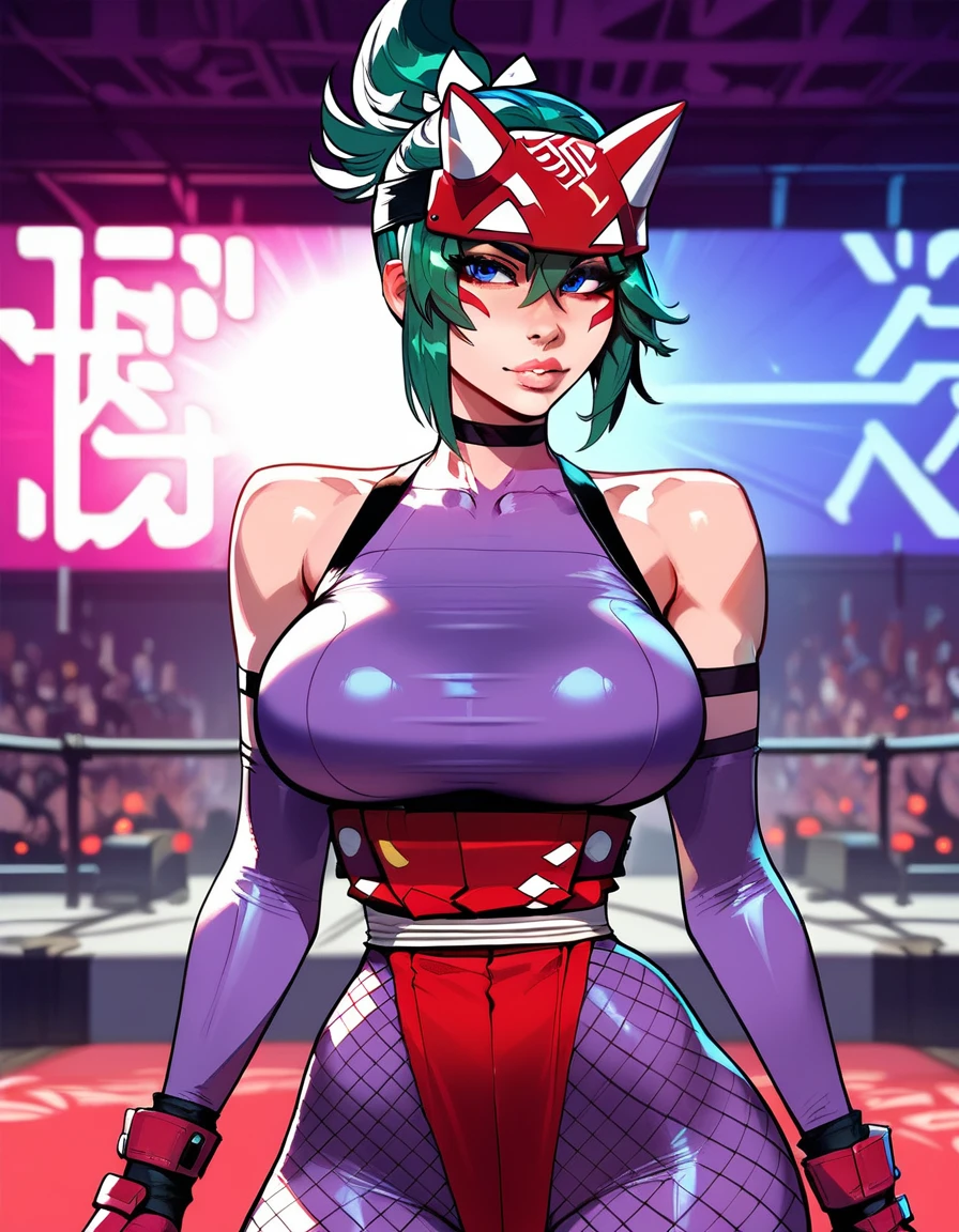 8k,highres,absurdres,masterpiece,best quality,original,extremely detailed CG,extremely detailed wallpaper,perfect lighting,1girl,solo,blurry_background,looking_at_viewer,standing on the stage,
kiriko2,large breasts,gloves,bare shoulders,ponytail,green hair,elbow gloves,lips,bodysuit,mask,fishnets,skin tight,ninja,purple gloves,kunai,purple bodysuit,