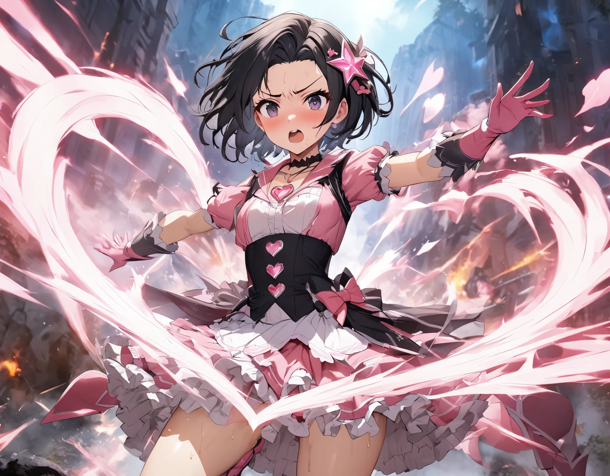 ,,(petite), 1girl, looking at viewer, , hazuki katou,,,, ,,,blush,(spoken heart),,flat chest,(evil smile,grin),(((magical girl costume))),miniskirt,thighhighs,,long sleeves,brooch,(nipple,panties)