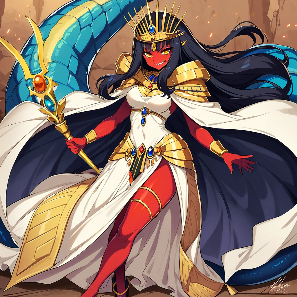 Anime, high detailed, 1 cute pettite girl, small, extremely large long hair, black hair, Egyptian queen, egyptian queen's clothes, royal cape (((fur cape))), egyptian queen's crown, yellow eyes, red skin, large dress, large tail ((( reptilian tail))), scepter, reptilian wings, large wings, evil grin, wicked smile