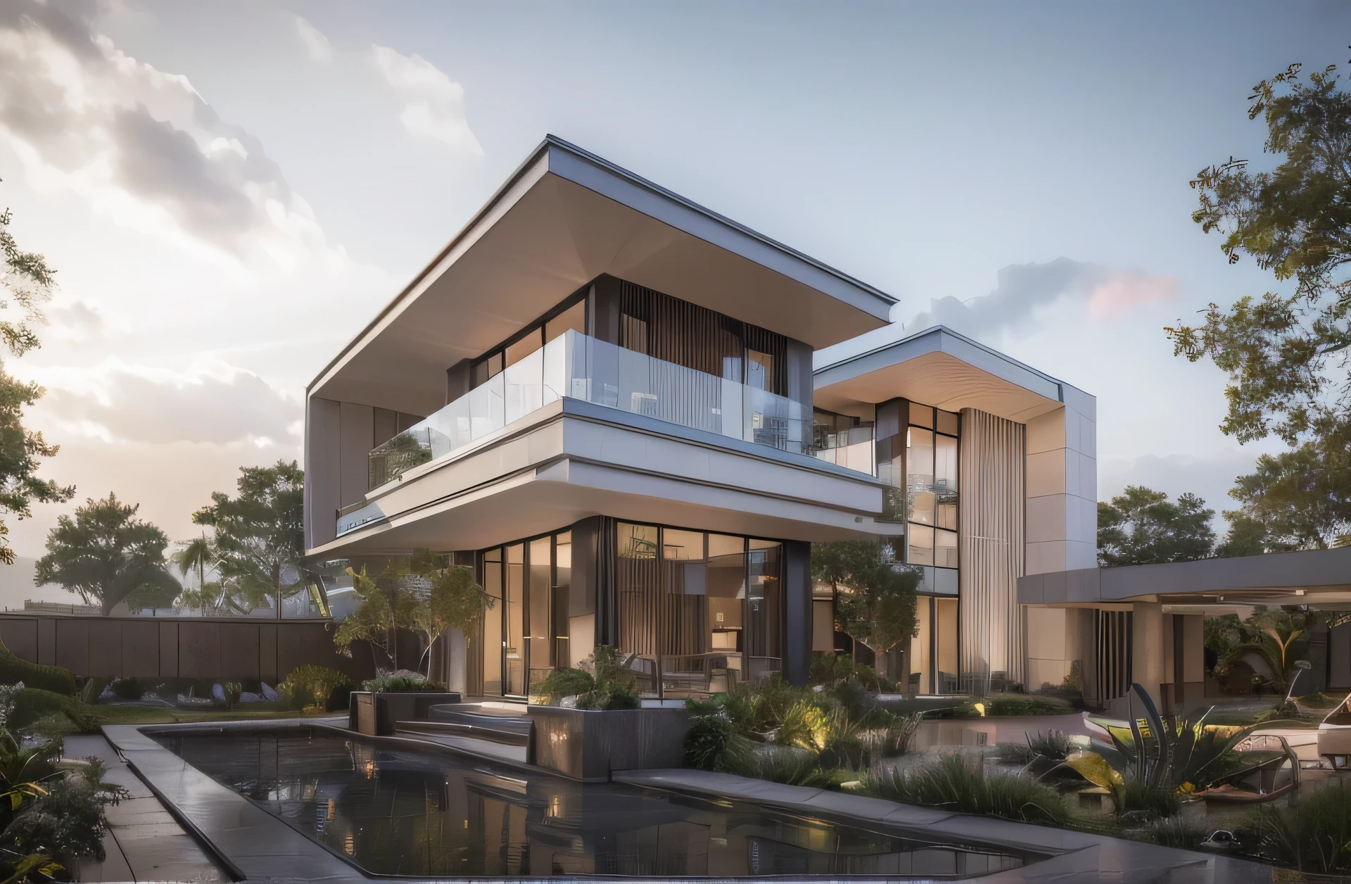 A rendering of a modern house with a pool and a patio - SeaArt AI