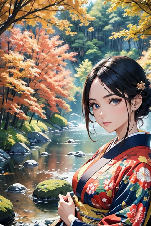 (Best Quality, High resolution, 8k), Japanese painting style, Beautiful Japanese women who look good in kimono,  Japanese clothing with calm colors and patterns, Light brown-black hair, Beautiful eyes, Beautiful lips, A beautiful, well-proportioned face with a monkey-like appearance, Facial detailing, Large Breasts, A biologically healthy body, Detailed and delicate depiction, A flashy and dynamic painting technique, Japanese style garden,  Japanese style hotel, Autumn season, The autumn leaves are beautiful, Autumn flowers are blooming, The silver grass is swaying, Cosmos flowers are blooming, Hair flies up, Vibrant colors, blue sky, White Clouds, Detailed illustration art, Original creation and drawing, 