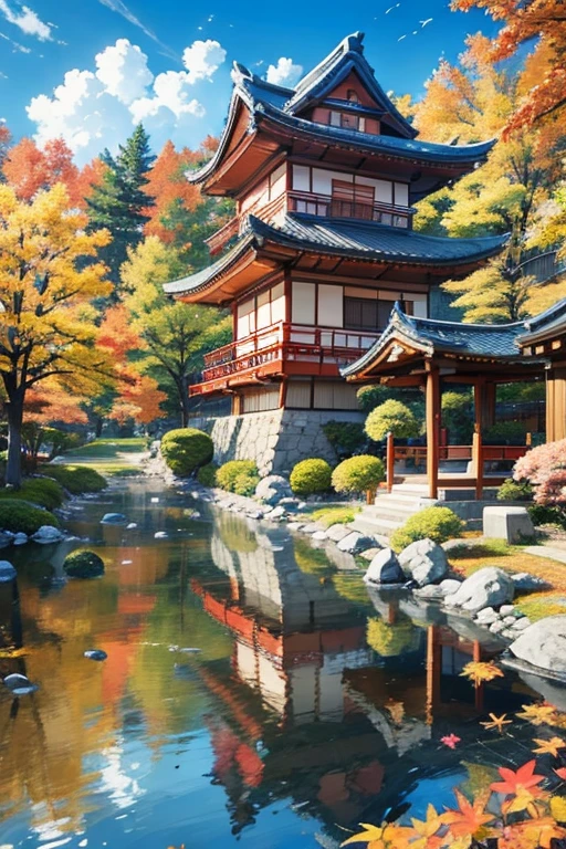 (Best Quality, High resolution, 8k), Japanese painting style, Beautiful Japanese women who look good in kimono,  Japanese clothing with calm colors and patterns, Light brown-black hair, Beautiful eyes, Beautiful lips, A beautiful, well-proportioned face with a monkey-like appearance, Facial detailing, Large Breasts, A biologically healthy body, Detailed and delicate depiction, A flashy and dynamic painting technique, Japanese style garden,  Japanese style hotel, Autumn season, The autumn leaves are beautiful, Autumn flowers are blooming, The silver grass is swaying, Cosmos flowers are blooming, Hair flies up, Vibrant colors, blue sky, White Clouds, Detailed illustration art, Original creation and drawing, 