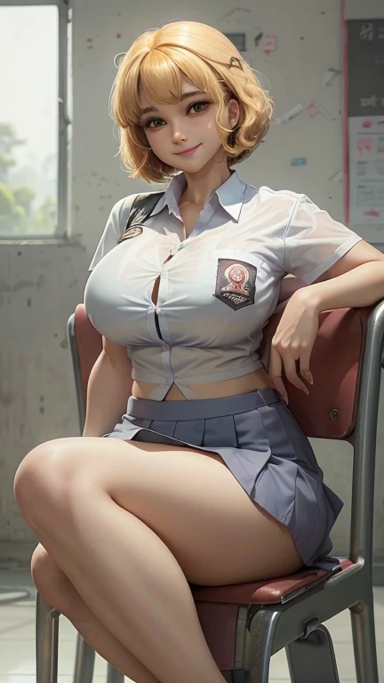 1 woman, , (curly bob, blonde hair), plump body, black eyes, Indonesian high-school uniform, (wearing transparent white shirt, showing bra), osis logo on shirt pocket, huge XL breasts, light-grey pleated skirt, sitting on a chair, seductive pose, full body shot, smiling, in the classroom.