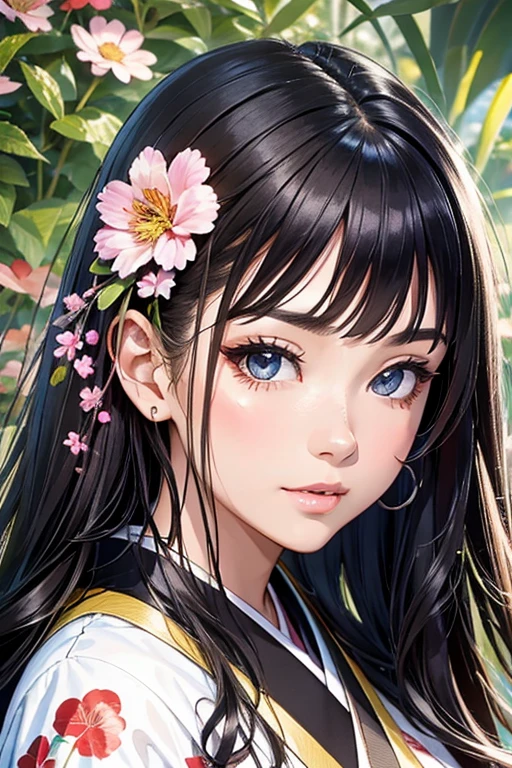 (Best Quality, High resolution, 8k), Japanese painting style, Beautiful Japanese women who look good in kimono,  Japanese clothing with calm colors and patterns, Light brown-black hair, Beautiful eyes, Beautiful lips, A beautiful, well-proportioned face with a monkey-like appearance, Facial detailing, Large Breasts, A biologically healthy body, Detailed and delicate depiction, A flashy and dynamic painting technique, Japanese style garden,  Japanese style hotel, Autumn season, The autumn leaves are beautiful, Autumn flowers are blooming, The silver grass is swaying, Cosmos flowers are blooming, Hair flies up, Vibrant colors, blue sky, White Clouds, Detailed illustration art, Original creation and drawing, 