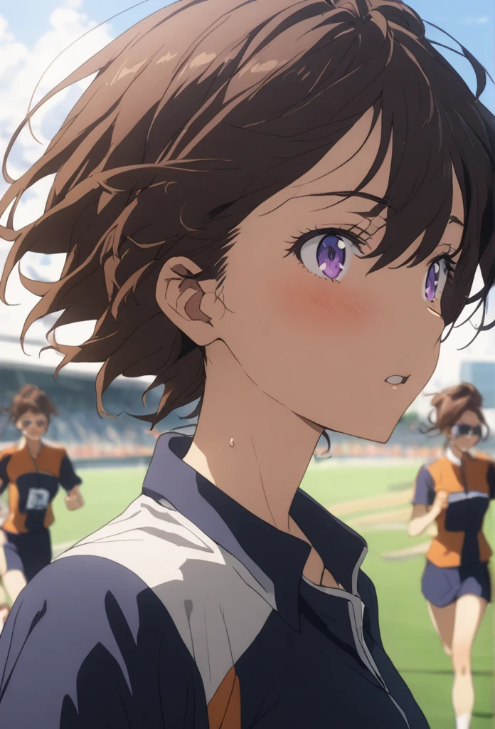 1 person、girl、Brown Hair、Purple eyes、Track and field uniform、Sunburn