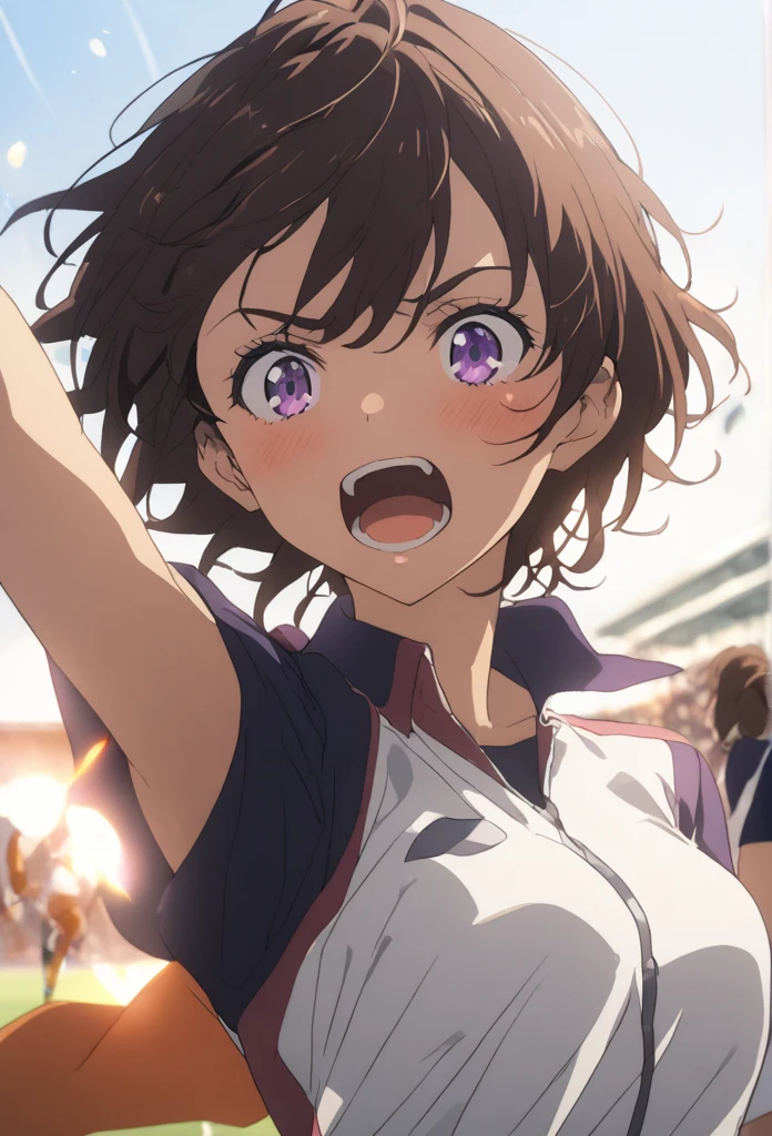 1 person、girl、Brown Hair、Purple eyes、Track and field uniform、Sunburn