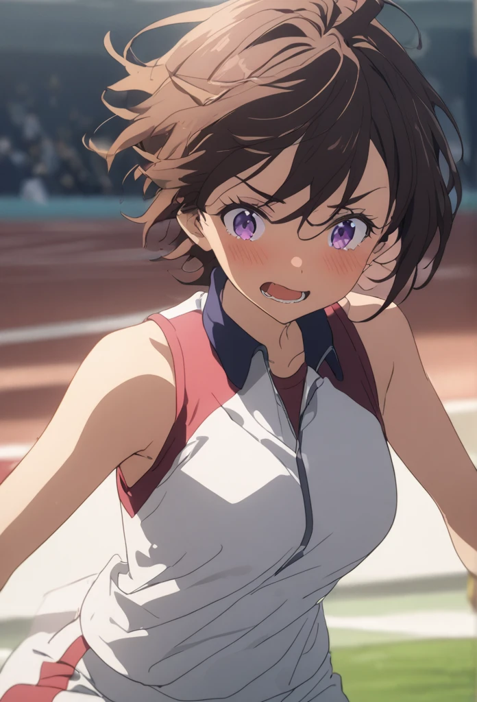 1 person、girl、Brown Hair、Purple eyes、Track and field uniform、Sunburn