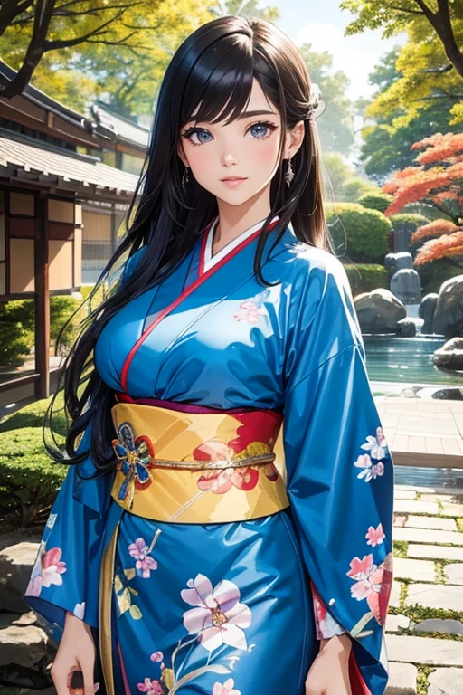 (Best Quality, High resolution, 8k), Japanese painting style, Beautiful Japanese women who look good in kimono,  Japanese clothing with calm colors and patterns, Light brown-black hair, Beautiful eyes, Beautiful lips, A beautiful, well-proportioned face with a monkey-like appearance, Facial detailing, Large Breasts, A biologically healthy body, Detailed and delicate depiction, A flashy and dynamic painting technique, Japanese style garden,  Japanese style hotel, Autumn season, The autumn leaves are beautiful, Autumn flowers are blooming, The silver grass is swaying, Cosmos flowers are blooming, Hair flies up, Vibrant colors, blue sky, White Clouds, Detailed illustration art, Original creation and drawing, 