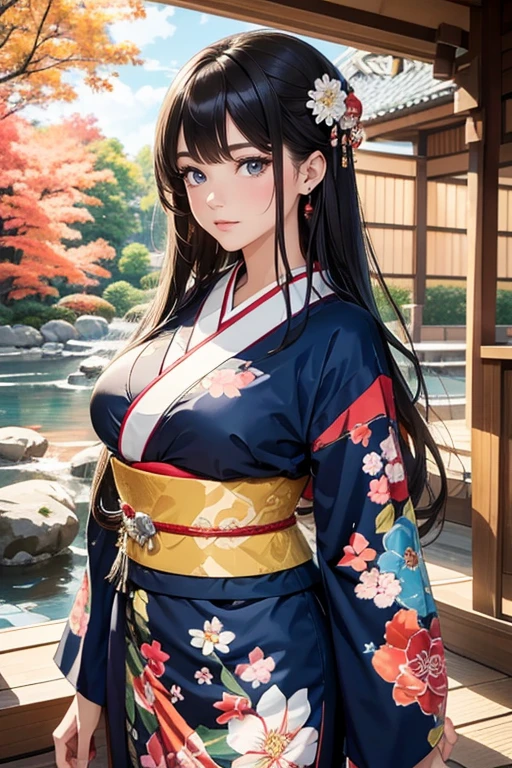 (Best Quality, High resolution, 8k), Japanese painting style, Beautiful Japanese women who look good in kimono,  Japanese clothing with calm colors and patterns, Light brown-black hair, Beautiful eyes, Beautiful lips, A beautiful, well-proportioned face with a monkey-like appearance, Facial detailing, Large Breasts, A biologically healthy body, Detailed and delicate depiction, A flashy and dynamic painting technique, Japanese style garden,  Japanese style hotel, Autumn season, The autumn leaves are beautiful, Autumn flowers are blooming, The silver grass is swaying, Cosmos flowers are blooming, Hair flies up, Vibrant colors, blue sky, White Clouds, Detailed illustration art, Original creation and drawing, 