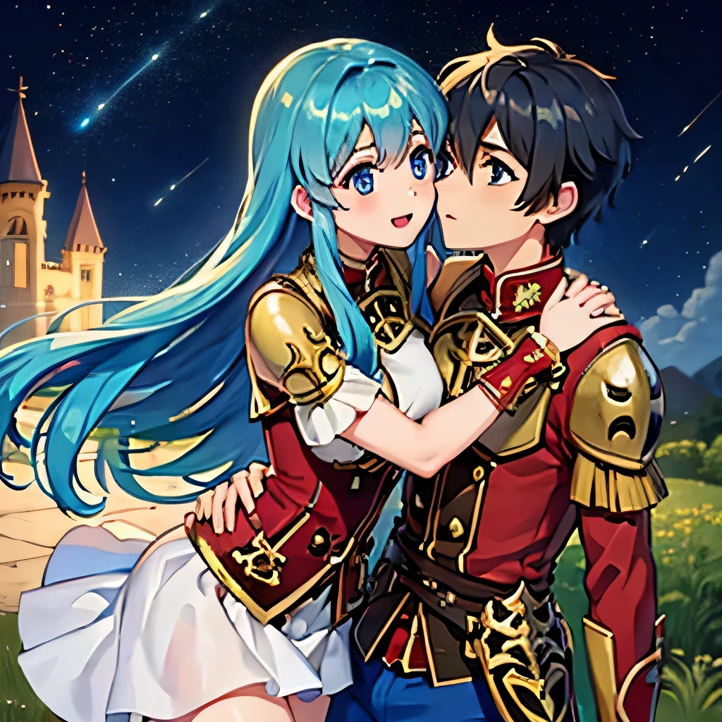 Eirika from Fire emblem the sacred stones blue eyes and light blue hair, red blouse with gold plates on her body, pink panties, a gold bracelet and white skirt affectionately kissing a boy with short black hair on the lips, ojos marrones, lentes, red jacket with a night castle behind them and shooting stars in the sky, 1 boy and 1 girl, skirt upwards 