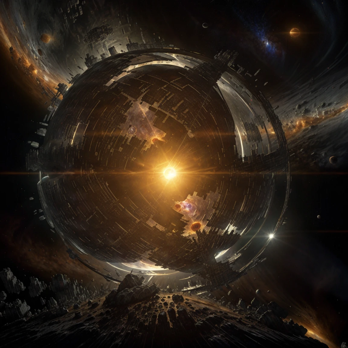 a dyson sphere in space, planet earth, glowing sun, detailed planetary surface, solar system, vast cosmic landscape, detailed architecture, organic curves, futuristic design, cinematic lighting, dramatic atmosphere, volumetric fog, vibrant colors, dynamic composition, photorealistic, high resolution, 8k, ultra-detailed, masterpiece