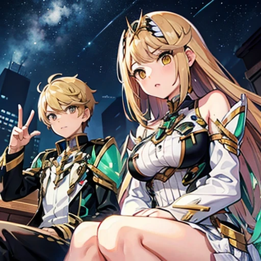 A girl with gold eyes and bright blonde hair, white blouse and shirts, green crystal on her chest, sitting next to a boy with short black hair on the lips, ojos marrones, lentes, red jacket with a night city behind them and shooting stars in the sky, kind eyes and true friendship between them, Mythra from Xenoblade Chronicles 2, one boy and one girl 