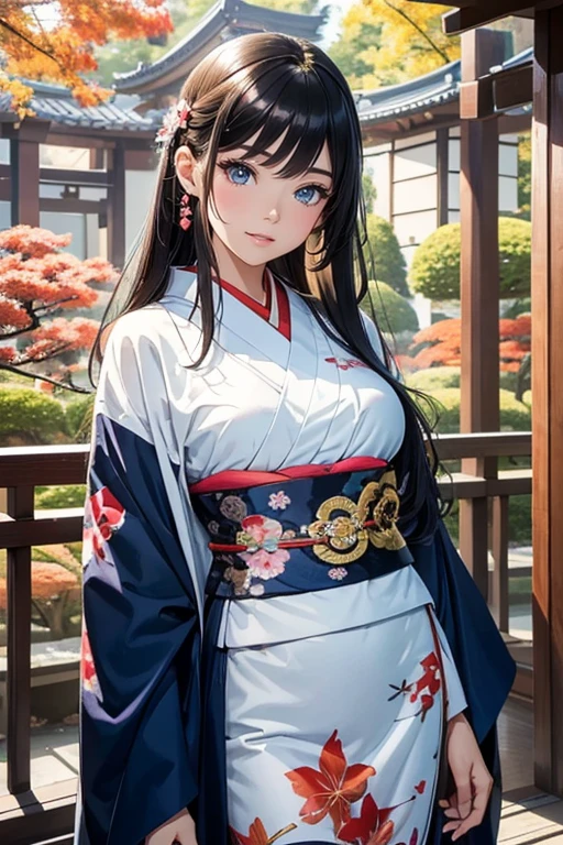 (Best Quality, High resolution, 8k), Japanese painting style, Beautiful Japanese women who look good in kimono,  Japanese clothing with calm colors and patterns, Light brown-black hair, Beautiful eyes, Beautiful lips, A beautiful, well-proportioned face with a monkey-like appearance, Facial detailing, Large Breasts, A biologically healthy body, Detailed and delicate depiction, A flashy and dynamic painting technique, Japanese style garden,  Japanese style hotel, Autumn season, The autumn leaves are beautiful, Autumn flowers are blooming, The silver grass is swaying, Cosmos flowers are blooming, Hair flies up, Vibrant colors, blue sky, White Clouds, Detailed illustration art, Original creation and drawing, 