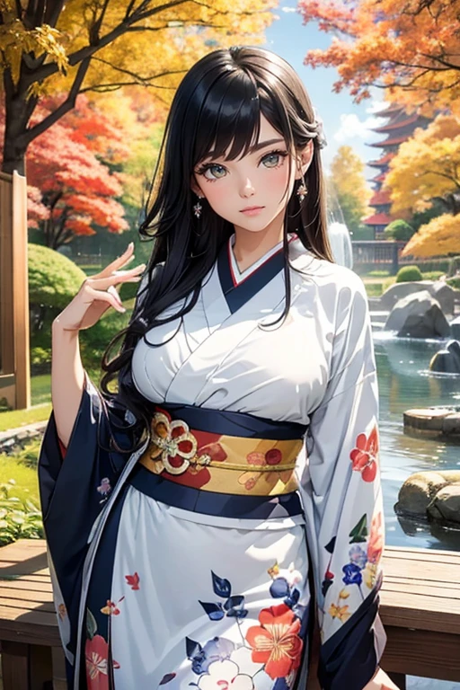 (Best Quality, High resolution, 8k), Japanese painting style, Beautiful Japanese women who look good in kimono,  Japanese clothing with calm colors and patterns, Light brown-black hair, Beautiful eyes, Beautiful lips, A beautiful, well-proportioned face with a monkey-like appearance, Facial detailing, Large Breasts, A biologically healthy body, Detailed and delicate depiction, A flashy and dynamic painting technique, Japanese style garden,  Japanese style hotel, Autumn season, The autumn leaves are beautiful, Autumn flowers are blooming, The silver grass is swaying, Cosmos flowers are blooming, Hair flies up, Vibrant colors, blue sky, White Clouds, Detailed illustration art, Original creation and drawing, 