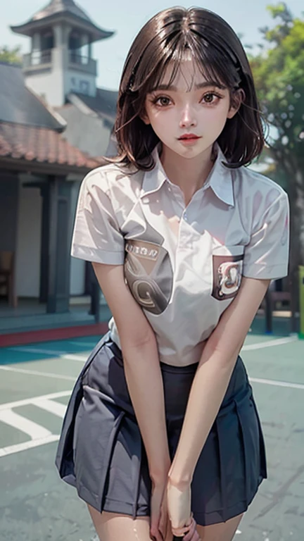 1girl in, Tennis Wear、White polo shirt, White pleated mini skirt, white panty、White Socks、White sneakers、masterpaintings, best qualtiy, Photorealsitic, ultra-detailed, (shiny skins, perspired:1.4), looking at the spectator, With long black hair, black eyes,slender,dynamic light and shadow,hight resolution,Sharp Focus,depth of view,The eyes are delicate,Sharp pupils,pupil realistic,(skinny thigh:1.0),outside of house,Sky