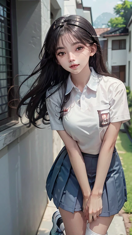 1girl in, Tennis Wear、White polo shirt, White pleated mini skirt, white panty、White Socks、White sneakers、masterpaintings, best qualtiy, Photorealsitic, ultra-detailed, (shiny skins, perspired:1.4), looking at the spectator, With long black hair, black eyes,slender,dynamic light and shadow,hight resolution,Sharp Focus,depth of view,The eyes are delicate,Sharp pupils,pupil realistic,(skinny thigh:1.0),outside of house,Sky