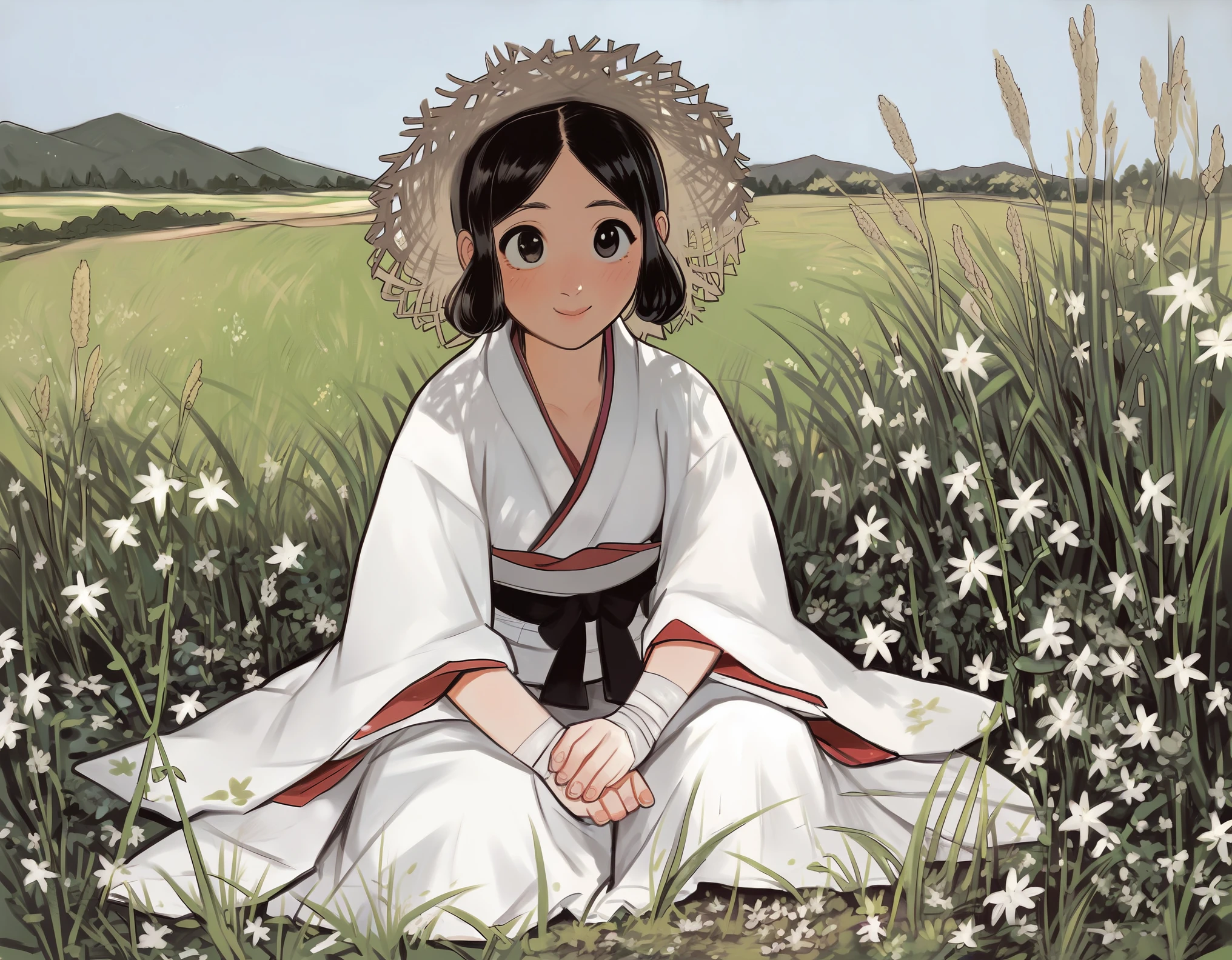 score_9, score_8_up, score_7_up, BREAK by mossacannibalis, Masterpiece, 1girl, torso shot, monochome, greyscale, Samurai aesthetic, 1girl, sitting on grass, farmland background, Straw hat, bandaged forearms, bandaged chest, traditional Japanese Kimono, cute, peaceful, lovely, amazing
