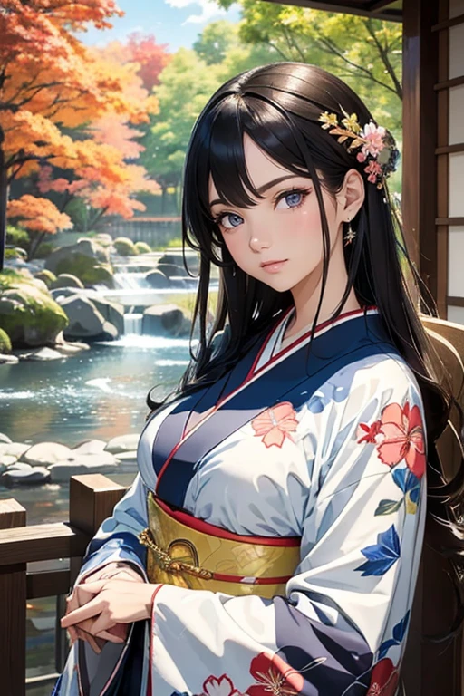 (Best Quality, High resolution, 8k), Japanese painting style, Beautiful Japanese women who look good in kimono,  Japanese clothing with calm colors and patterns, Light brown-black hair, Beautiful eyes, Beautiful lips, A beautiful, well-proportioned face with a monkey-like appearance, Facial detailing, Large Breasts, A biologically healthy body, Detailed and delicate depiction, A flashy and dynamic painting technique, Japanese style garden,  Japanese style hotel, Autumn season, The autumn leaves are beautiful, Autumn flowers are blooming, The silver grass is swaying, Cosmos flowers are blooming, Hair flies up, Vibrant colors, blue sky, White Clouds, Detailed illustration art, Original creation and drawing, 