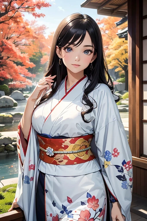 (Best Quality, High resolution, 8k), Japanese painting style, Beautiful Japanese women who look good in kimono,  Japanese clothing with calm colors and patterns, Light brown-black hair, Beautiful eyes, Beautiful lips, A beautiful, well-proportioned face with a monkey-like appearance, Facial detailing, Large Breasts, A biologically healthy body, Detailed and delicate depiction, A flashy and dynamic painting technique, Japanese style garden,  Japanese style hotel, Autumn season, The autumn leaves are beautiful, Autumn flowers are blooming, The silver grass is swaying, Cosmos flowers are blooming, Hair flies up, Vibrant colors, blue sky, White Clouds, Detailed illustration art, Original creation and drawing, 