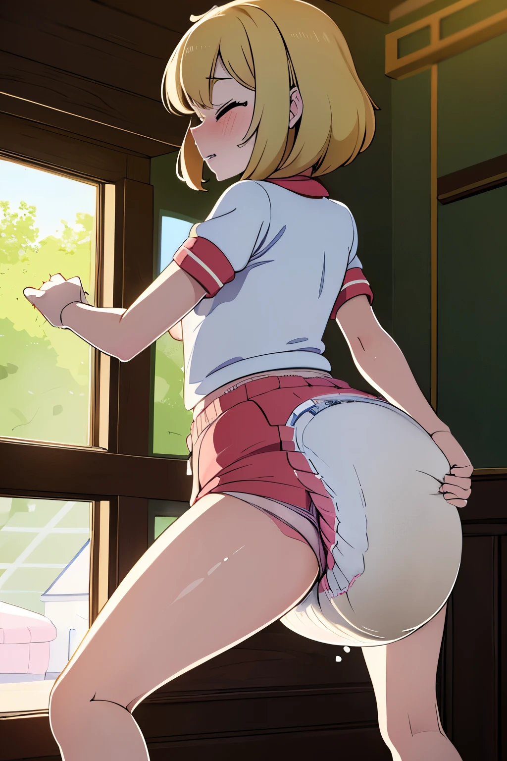  long blonde hair, Brown skin, blue eyes, wearing white shirt, tight shorts, in her room, sitting on chair, showing butt, pigtails, cleavage, thick body, plump ass, (buttrack), (tight thong), thick thighs, big ass, thong, 