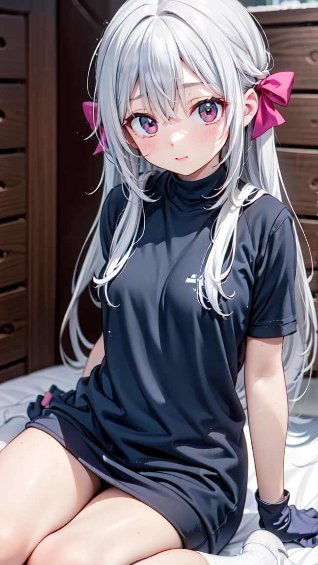 Vaggie, 1 , gray skin, white hair, pink eyes, yellow pupils, long hair, white dress, pink and white striped socks, Hair bow, long gloves, perfect anatomy, Alone