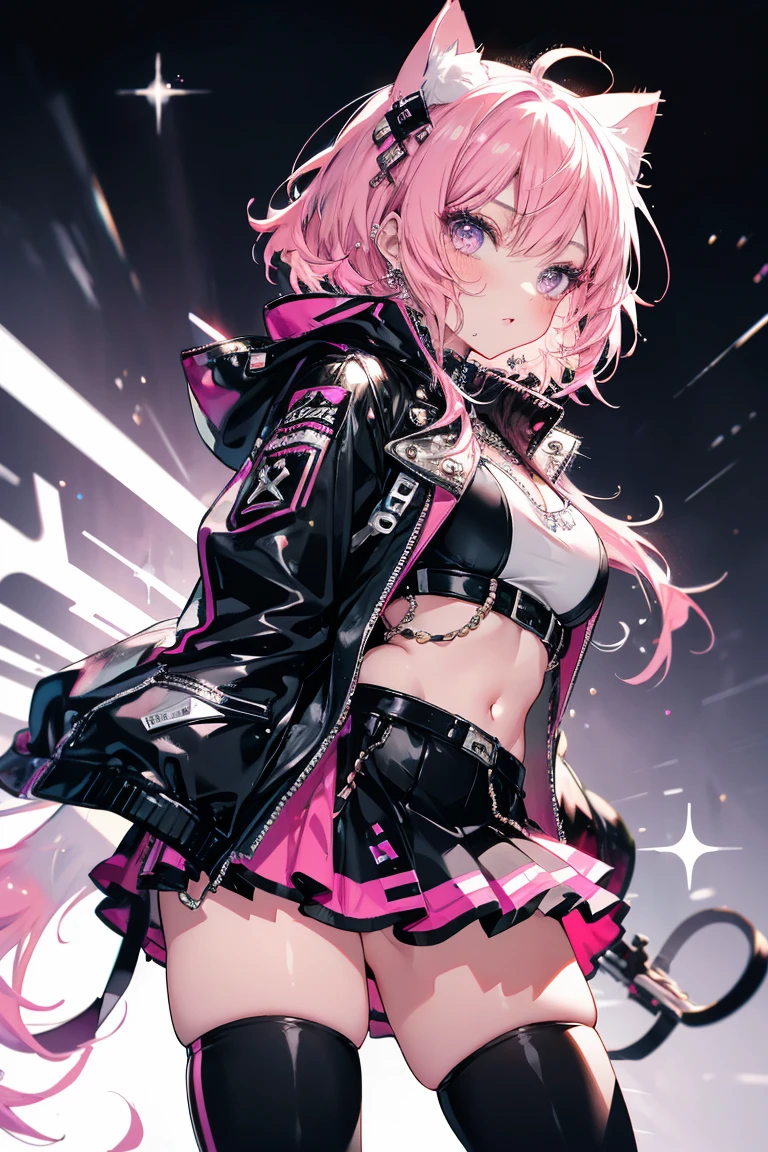 Top Quality, 8K, 4K, High Definition, Detail, (better-quality, 8K, 12), top-quality, 1 girl、purple short bob hair clip tied into a bun、black eyes、small breasts、uniform、gray jacket with pink line、blue skirt、 fingerless gloves、thighs、Ilcha fousing on her, surprise face, having her handon her face, making cute expressing face. picture pose, she is standing up, she has a loil pop in her mouth, she up close only showing her wraist and up.
