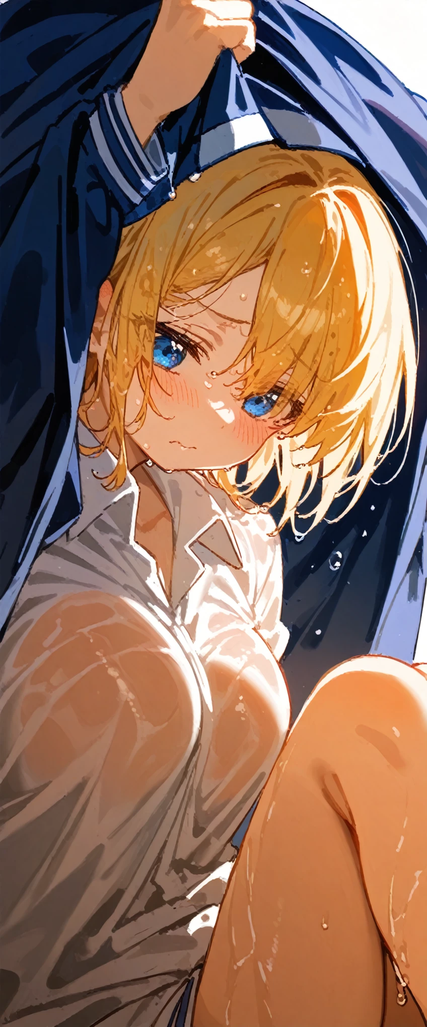 (((White background)))(High resolutionの傑作, 超High resolution, high detail, High resolutionモデル, Best Quality:1.2), Young Girl,White skin,Oily, Sweaty skin, Blonde Bangs, Highlight color hairstyle,Inner Color, Behind the ear,Large Breasts, blue eyes, Wet Hair, Diagonal bangs, Hair covering the eyes:1.3, Cookhold Subjective(masterpiece:1.5), Super detailed, High resolution, 8k, Beautiful details, 1 cute girl, Young girl with short blonde bob, Blue droopy eyes, short hair, Large Breasts,Magic school uniform,Embarrassed,頭を撫でられてEmbarrassed