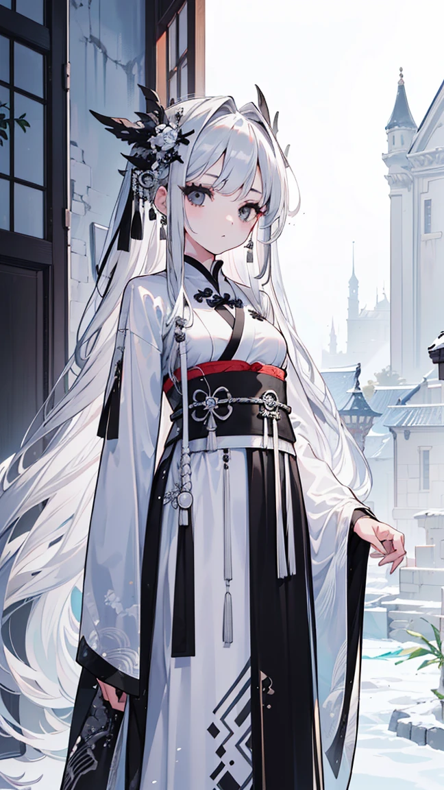 (Best image quality)、(Super detailed)、(Positive)、Best Quality、masterpiece、(((1 girl)))、Silver Hair、Gray Hair、((Long Hair))、(Black Eyes:1.6)、(Hanfu)